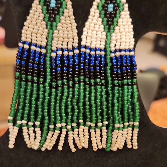Hand Crafted Green and Blue Beaded Earrings - Picture 3 of 4
